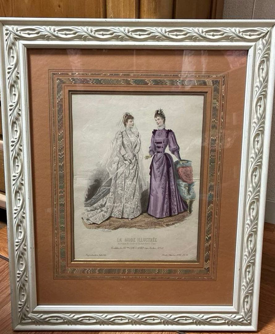 フランスアンティーク貴婦人版画　マーブル額装　最大サイズ