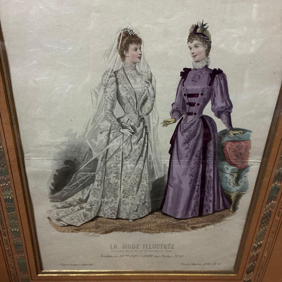 フランスアンティーク貴婦人版画　マーブル額装　最大サイズ