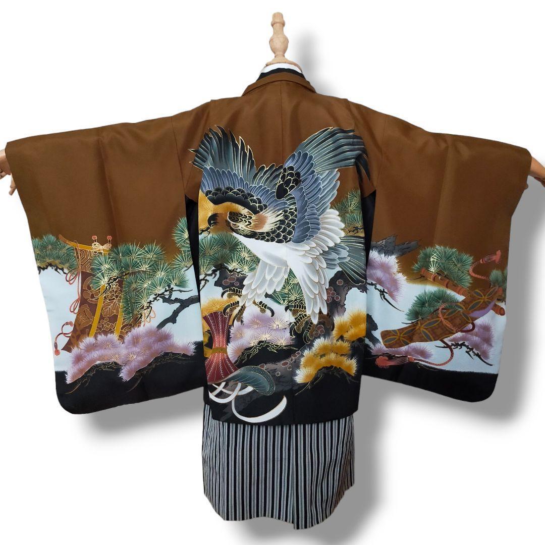 七五三 男の子 5歳 着物 セット 一式 鷹 松 帽子 御簾 笛 0508