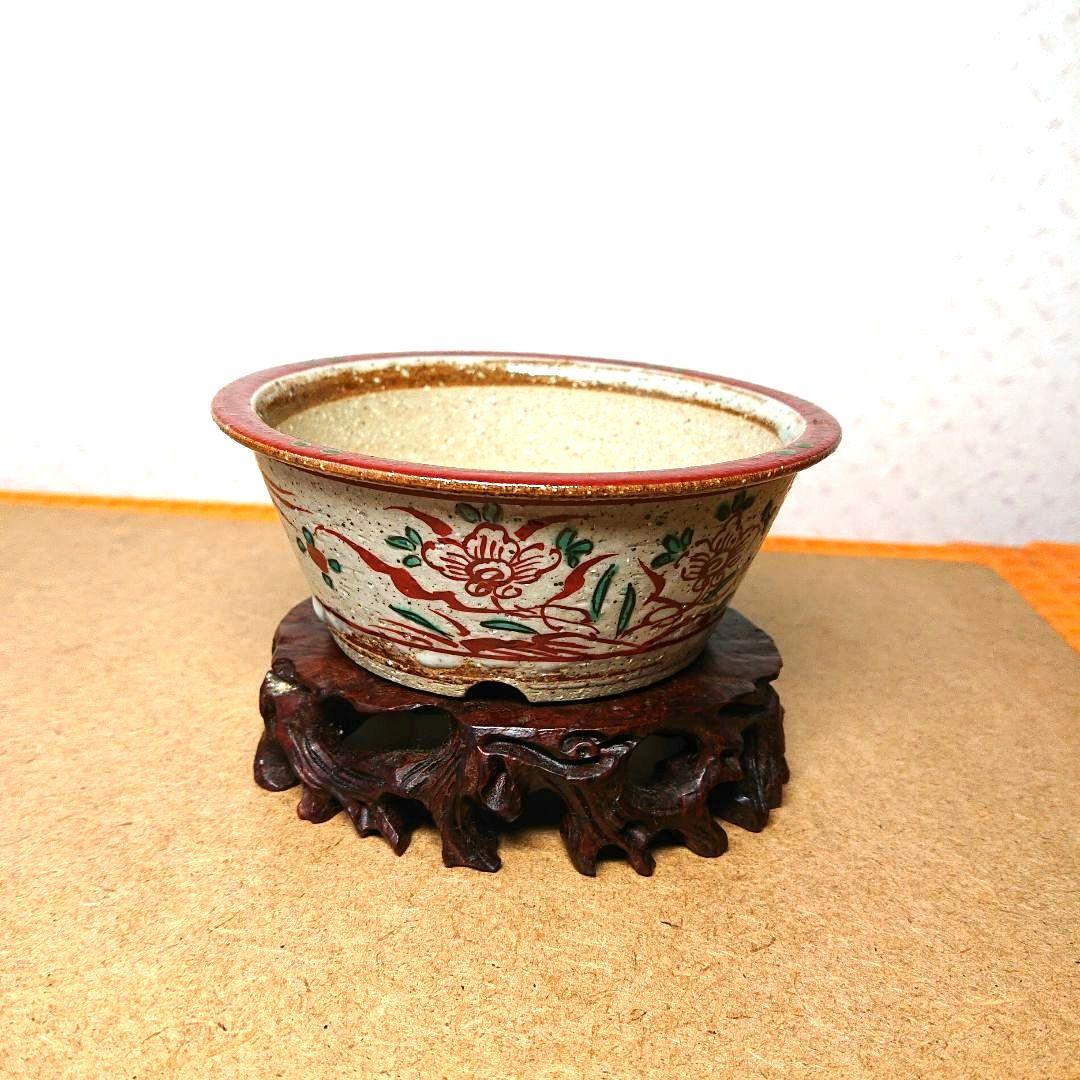 九谷焼 赤絵 【九谷 昇山 銘】/ 新品・未使用 盆栽鉢