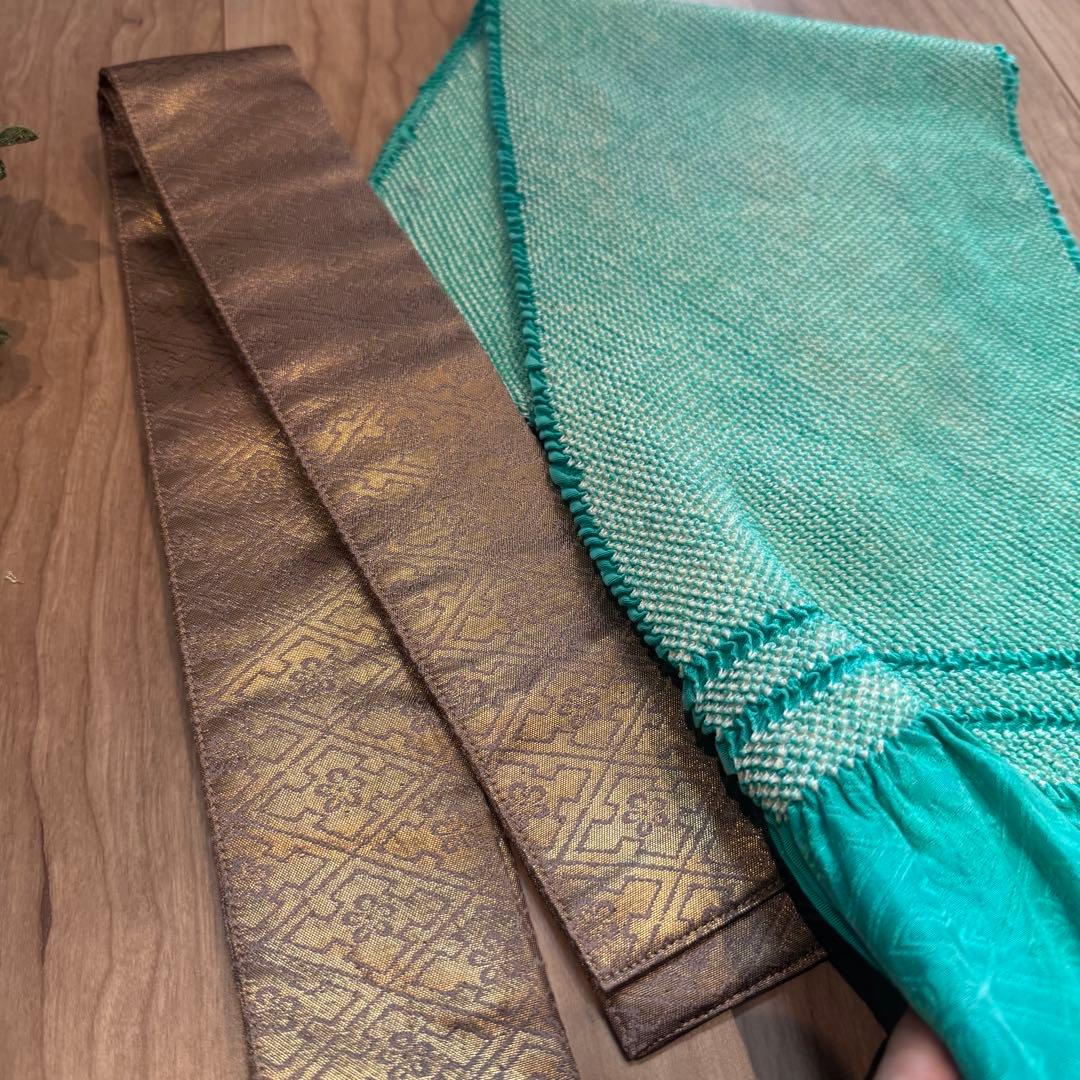 超美品　振袖　帯揚　帯締　髪飾　半衿　6点セット　着物小物　ターコイズブルー