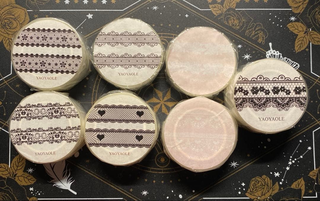 【8604】海外　マステ　5m巻売り7本セット　レース　ラメ加工カッティング