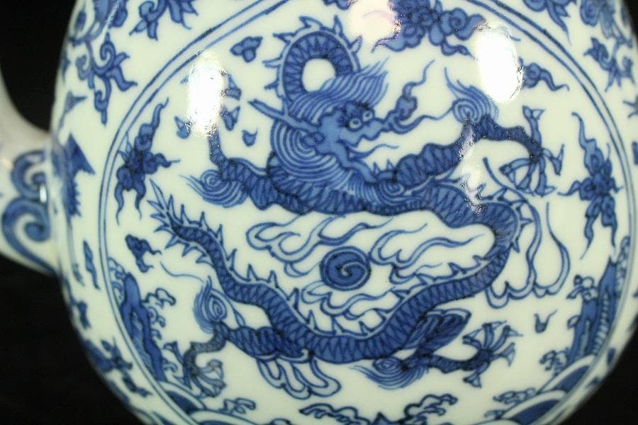 煎茶 桐山造 青花龍紋 水注 瓶 共箱 美品(K-A932)