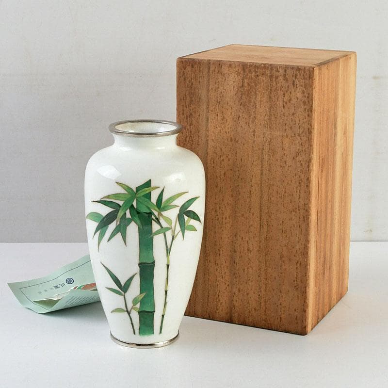 七宝焼　白地竹文　花瓶　時代箱　V　9506