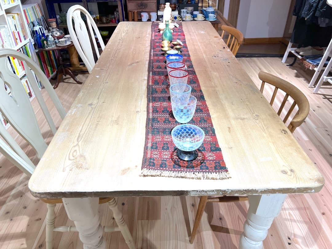 ビンテージ フレンチビッグテーブル 幅約200cm 木＋ホワイト 収納箱あり