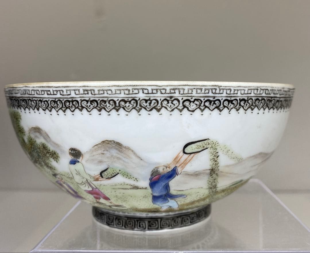 中国清時代　乾隆年製　薄胎極上人物風景画鉢　箱付　東Y7-0331☆2Fトヒト