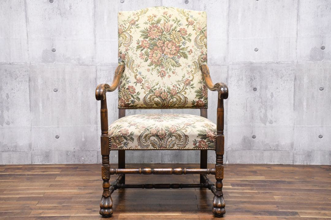 EIC27 英国アンティーク アームチェア オーク無垢材 ゴブラン張り 単鋲打ち