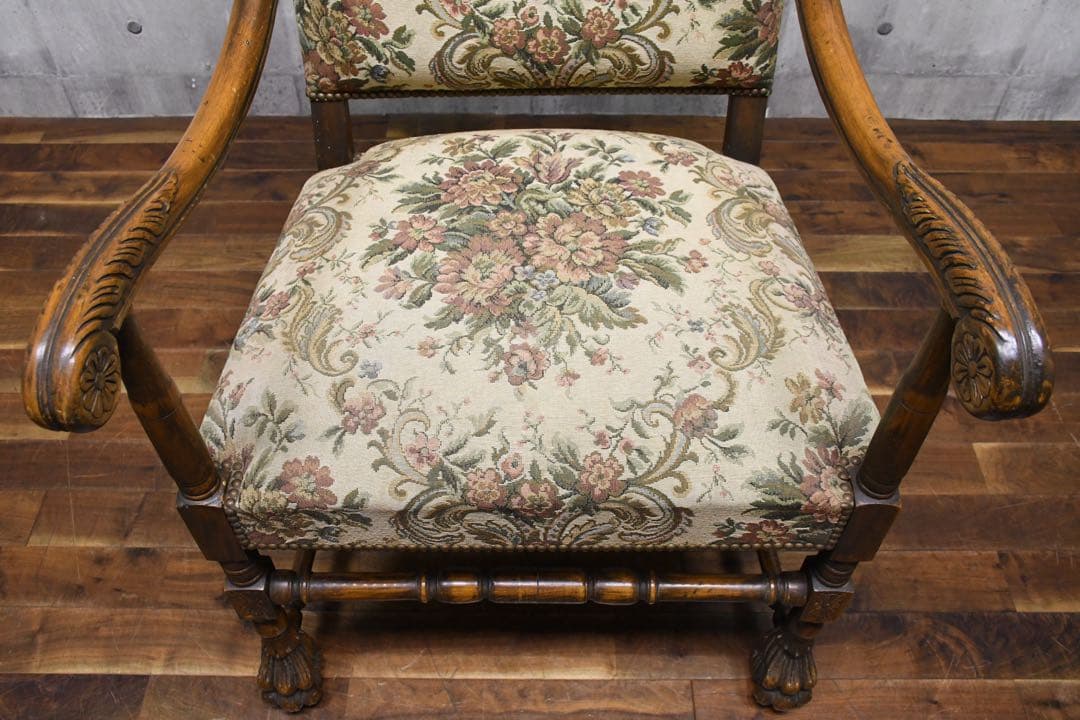 EIC27 英国アンティーク アームチェア オーク無垢材 ゴブラン張り 単鋲打ち