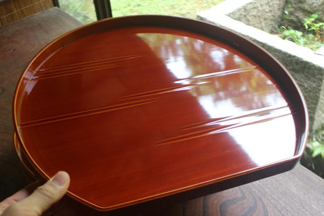 専用！優美な拭き漆の映える春慶塗の半月盆5点（検漆器漆盆茶道具お盆お膳