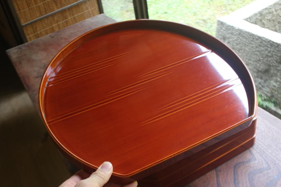 専用！優美な拭き漆の映える春慶塗の半月盆5点（検漆器漆盆茶道具お盆お膳