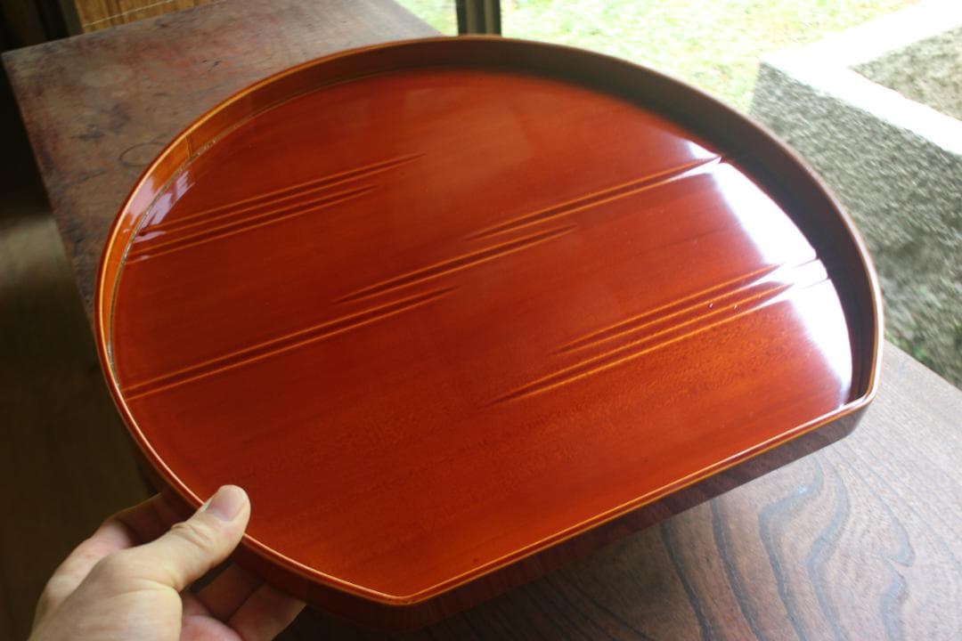 専用！優美な拭き漆の映える春慶塗の半月盆5点（検漆器漆盆茶道具お盆お膳