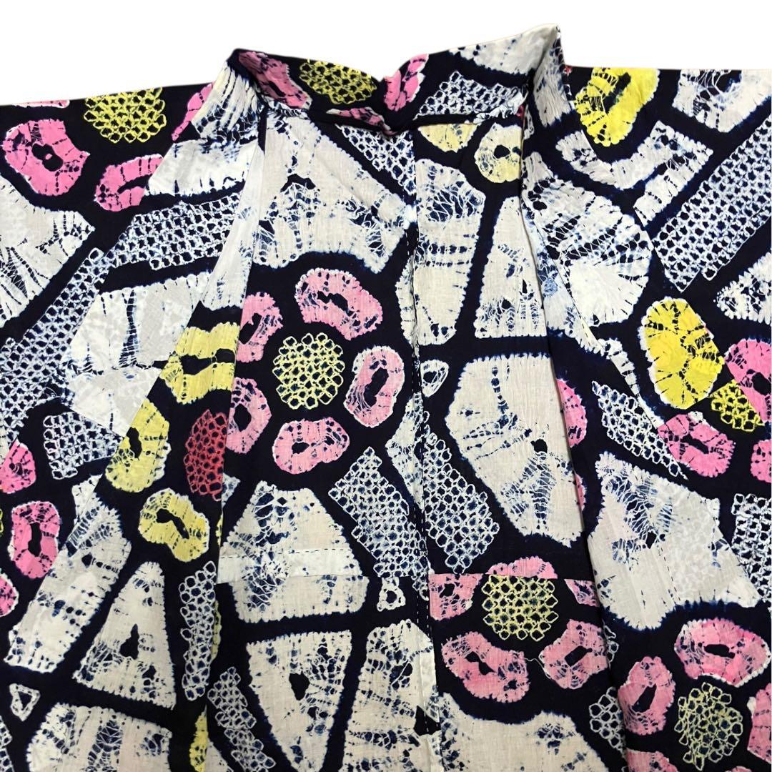 有松鳴海絞り 浴衣 ホワイト ネイビー 花柄 黄色 ピンク 綿 裄69cm 手縫