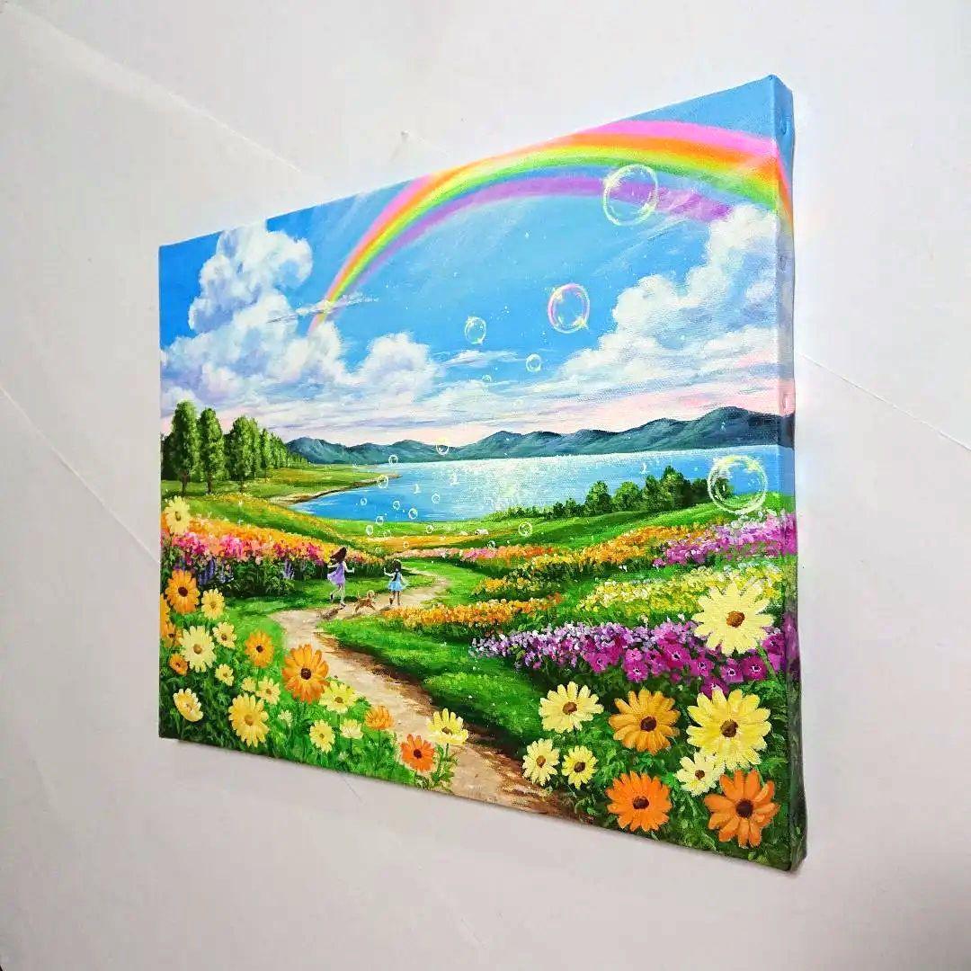 【虹が輝く時】アクリル画 F6 風景画 絵画