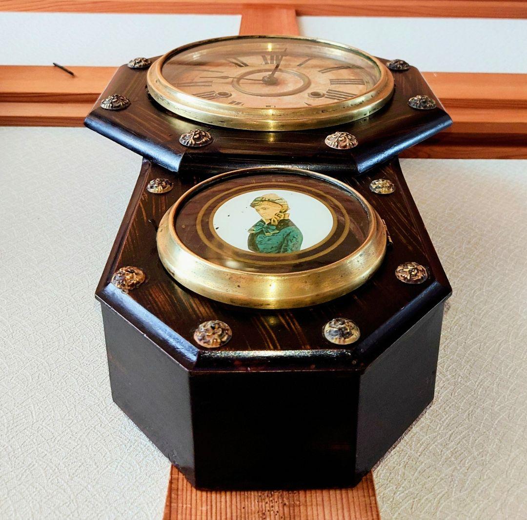 〈完動・美品〉精工舎　硝子絵　小型花ぼたん八角ゼンマイ振り子時計　古時計