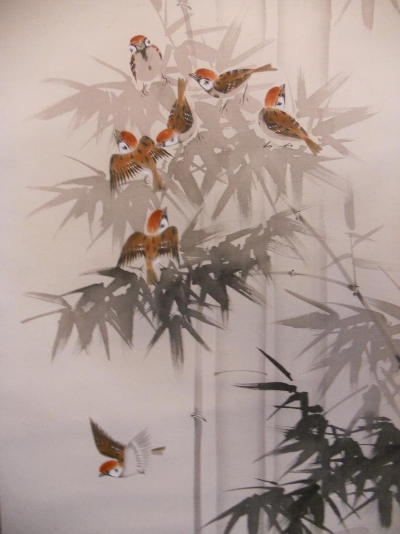 掛け軸 芳月 竹雀 絹本 希少 軸装 茶道具 掛軸 美品 です。