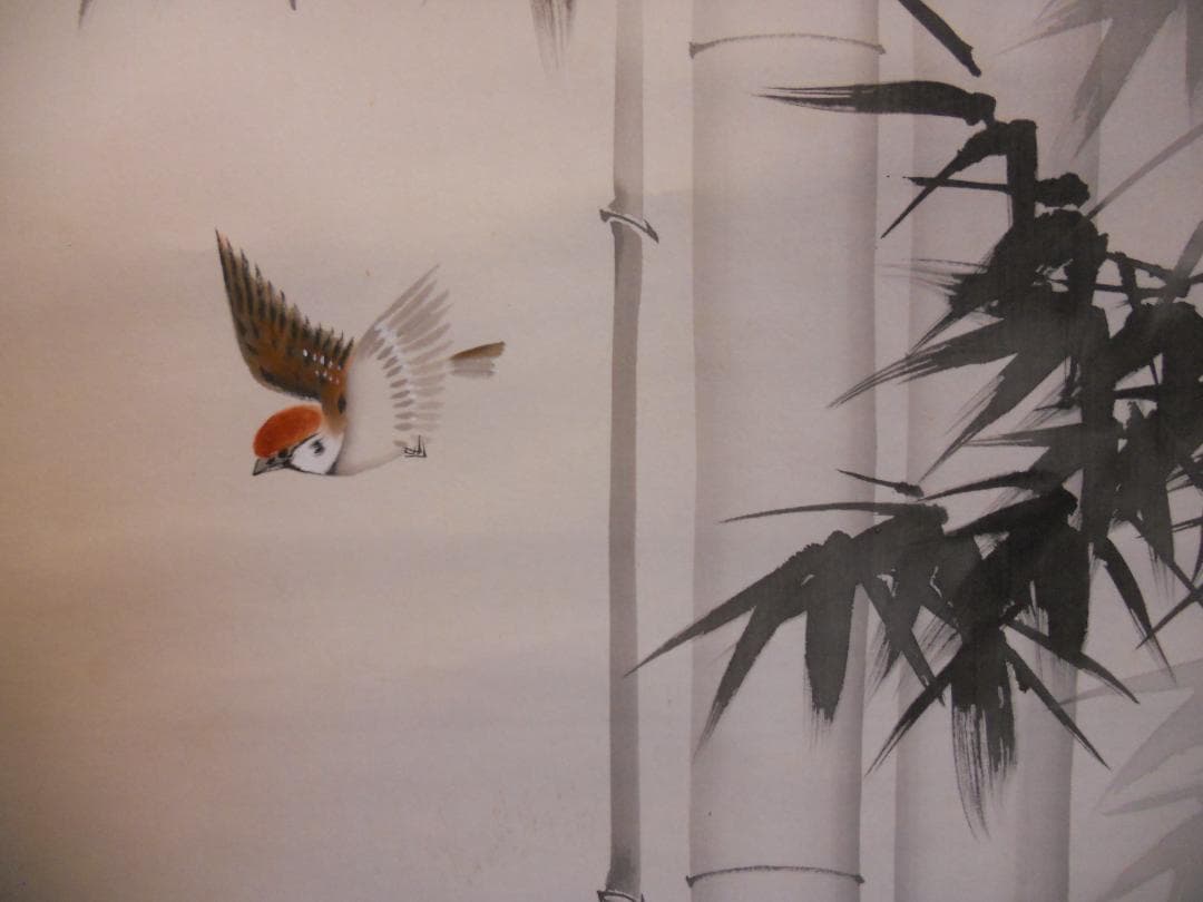 掛け軸 芳月 竹雀 絹本 希少 軸装 茶道具 掛軸 美品 です。