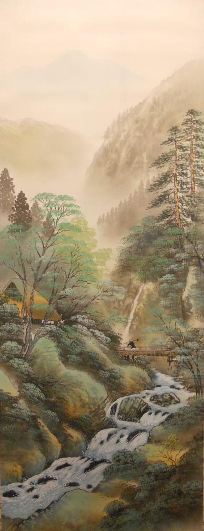 掛け軸 紫峰 『 彩色夏景 』 絹本 希少 軸装 茶道具 掛軸 美品 です。