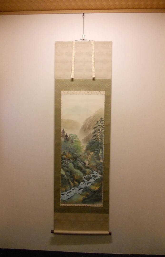 掛け軸 紫峰 『 彩色夏景 』 絹本 希少 軸装 茶道具 掛軸 美品 です。