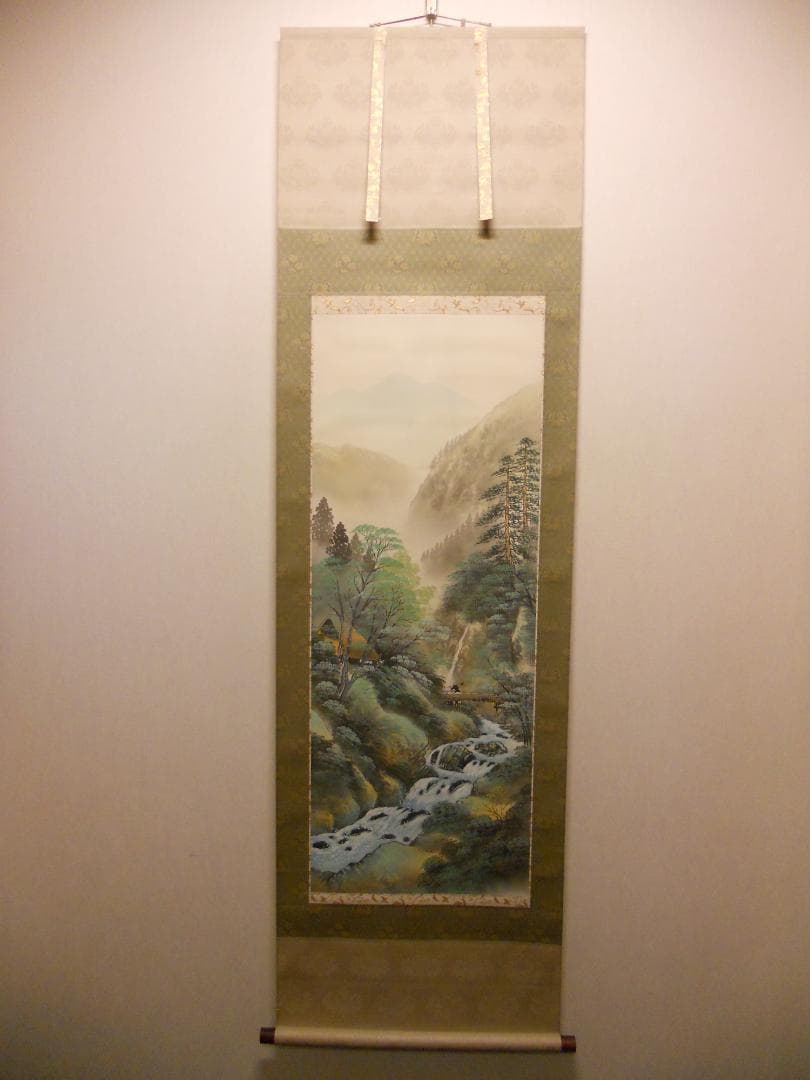 掛け軸 紫峰 『 彩色夏景 』 絹本 希少 軸装 茶道具 掛軸 美品 です。