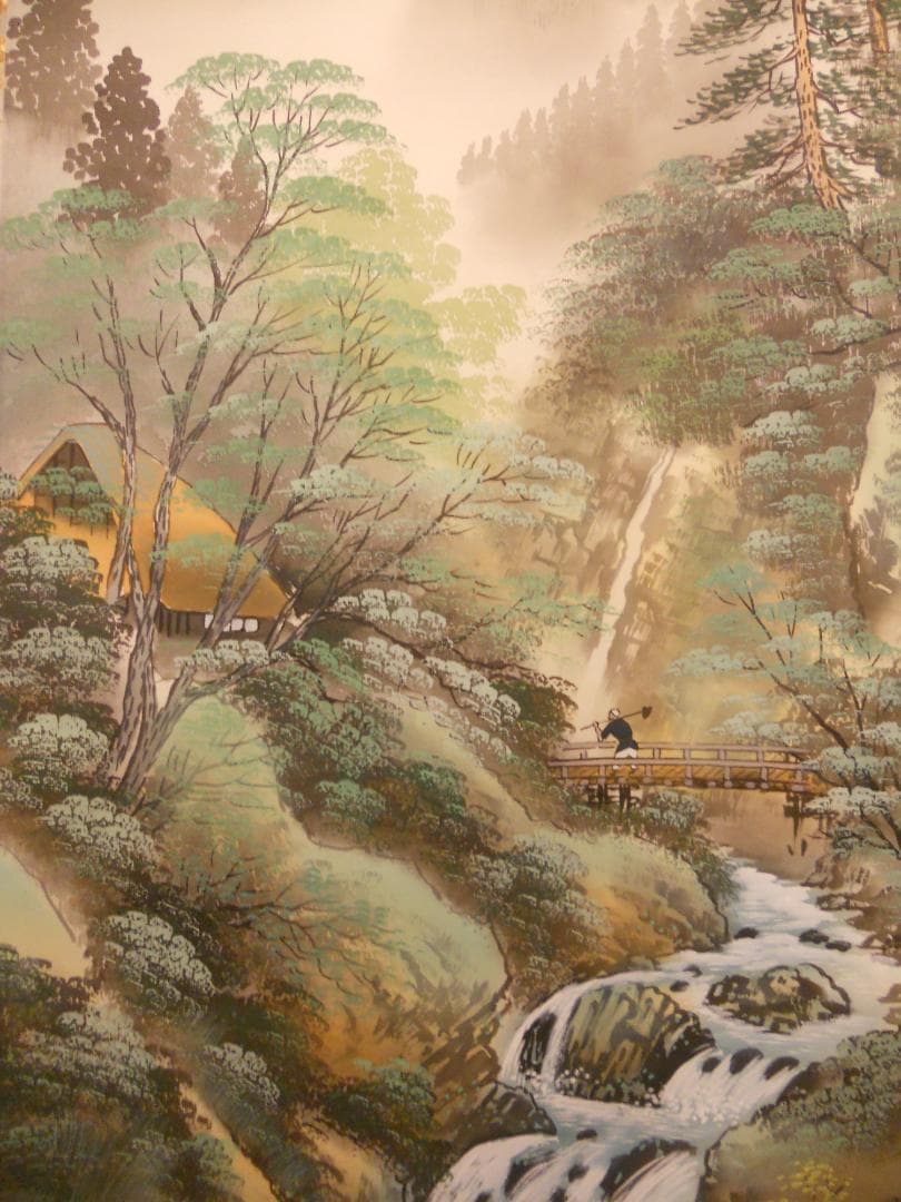 掛け軸 紫峰 『 彩色夏景 』 絹本 希少 軸装 茶道具 掛軸 美品 です。