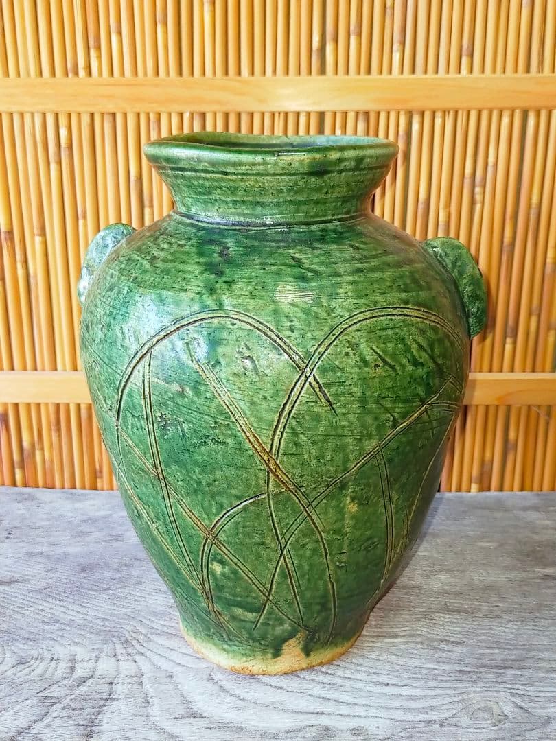 ♥魯山人写し　織部　秋草文　双耳　花器　桐箱付き　花瓶　骨董品