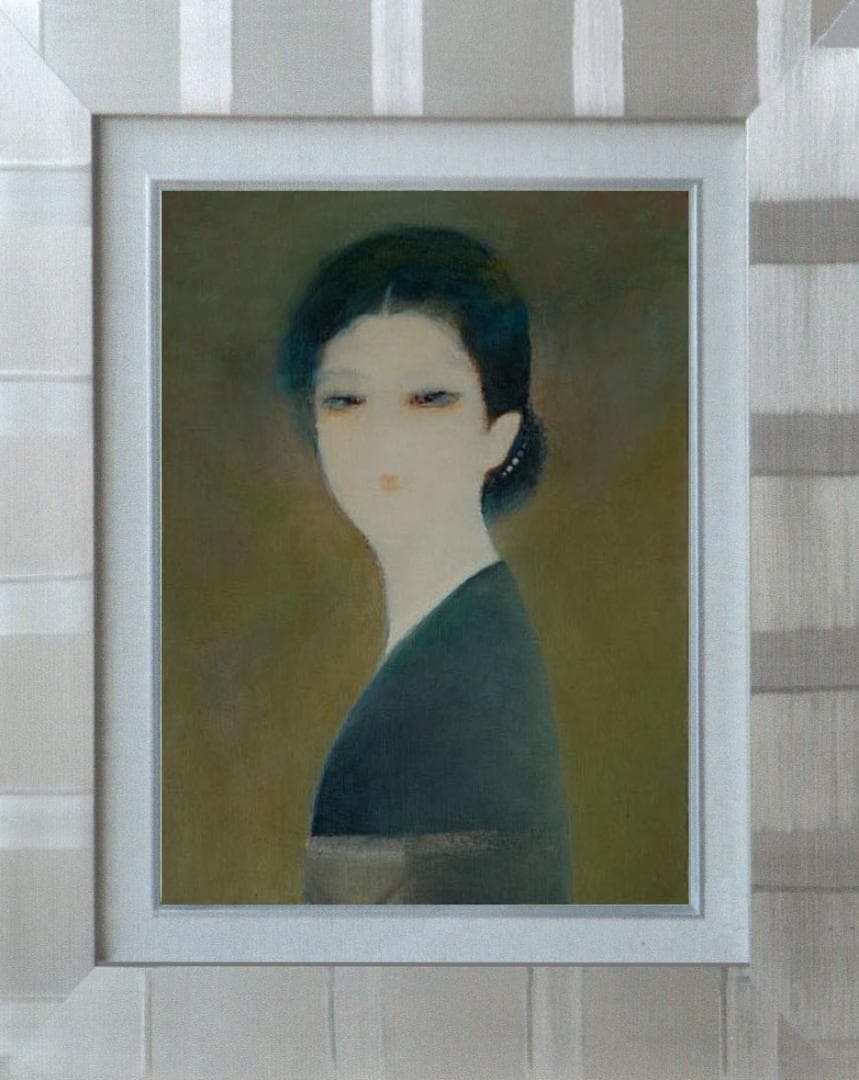 油絵 菅家令子 絵 絵画インテリア 額付(青緑＋金色の枠)F4-070312女性