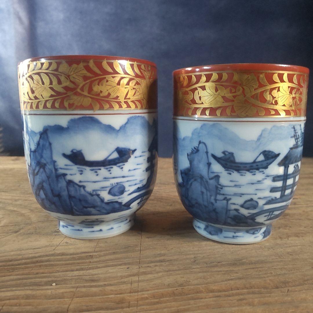 京焼 清水焼 金襴青華山夫婦茶碗　五座五重　2点セット