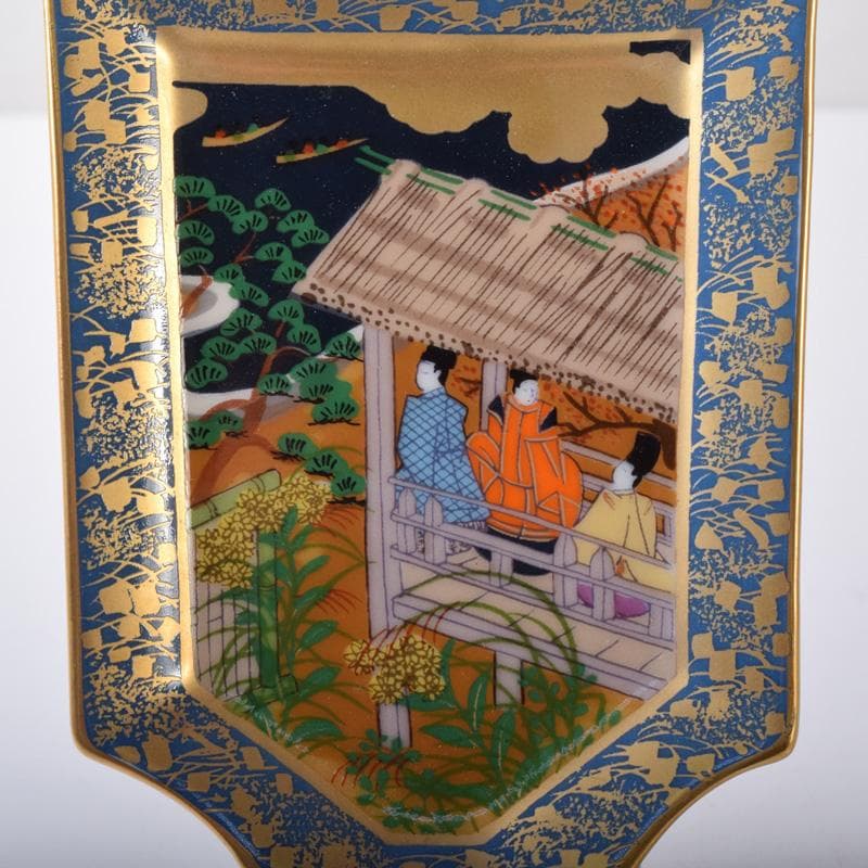 茶道具　栗野芳葉作　色絵　源氏物語絵巻図　羽子板小皿　五客　共箱　V　7784