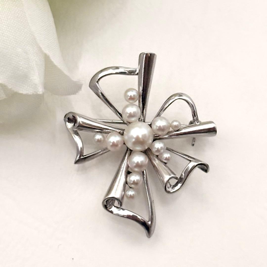 248【ミキモト】シルバー　パール　ブローチ