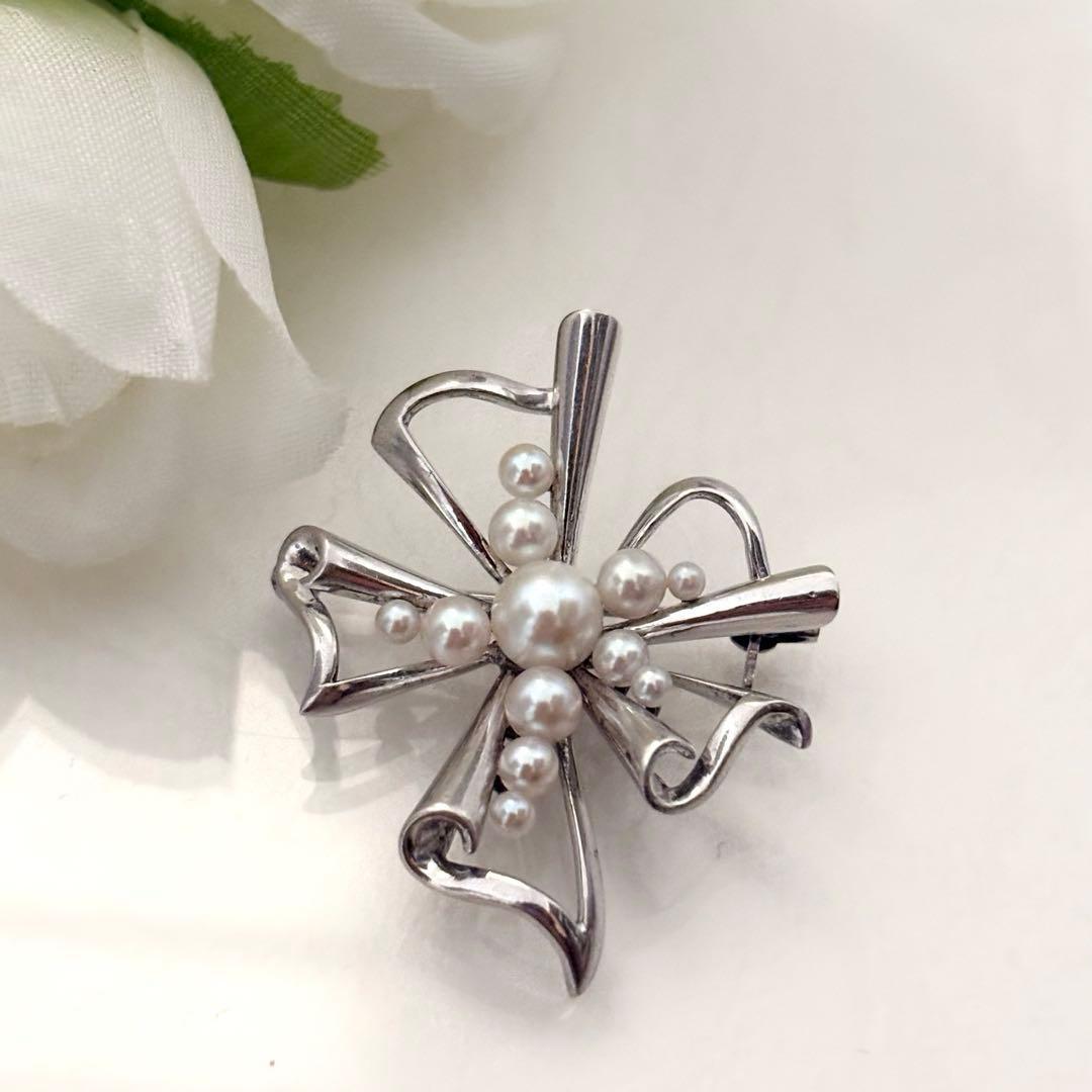 248【ミキモト】シルバー　パール　ブローチ