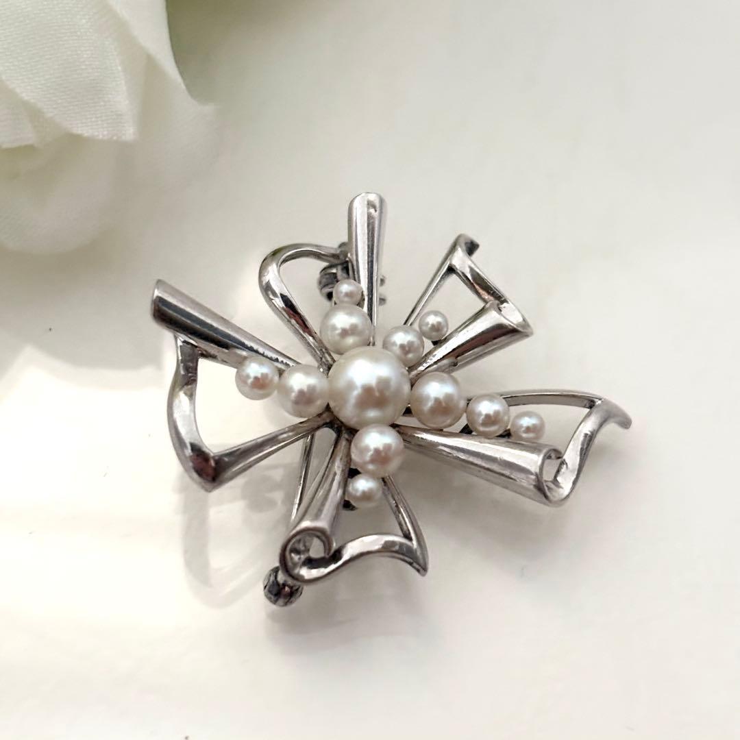 248【ミキモト】シルバー　パール　ブローチ