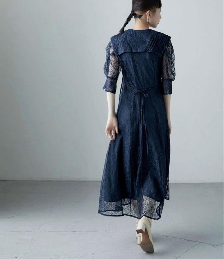 ネイビー レース ロングドレス