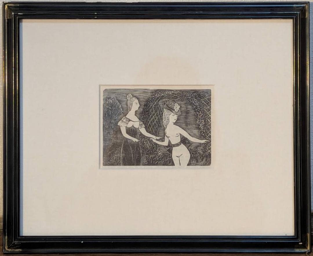 【真作】版画　藤田嗣治　木版画　蜂腰の女　モノクロ版画　抽象女性像　X36