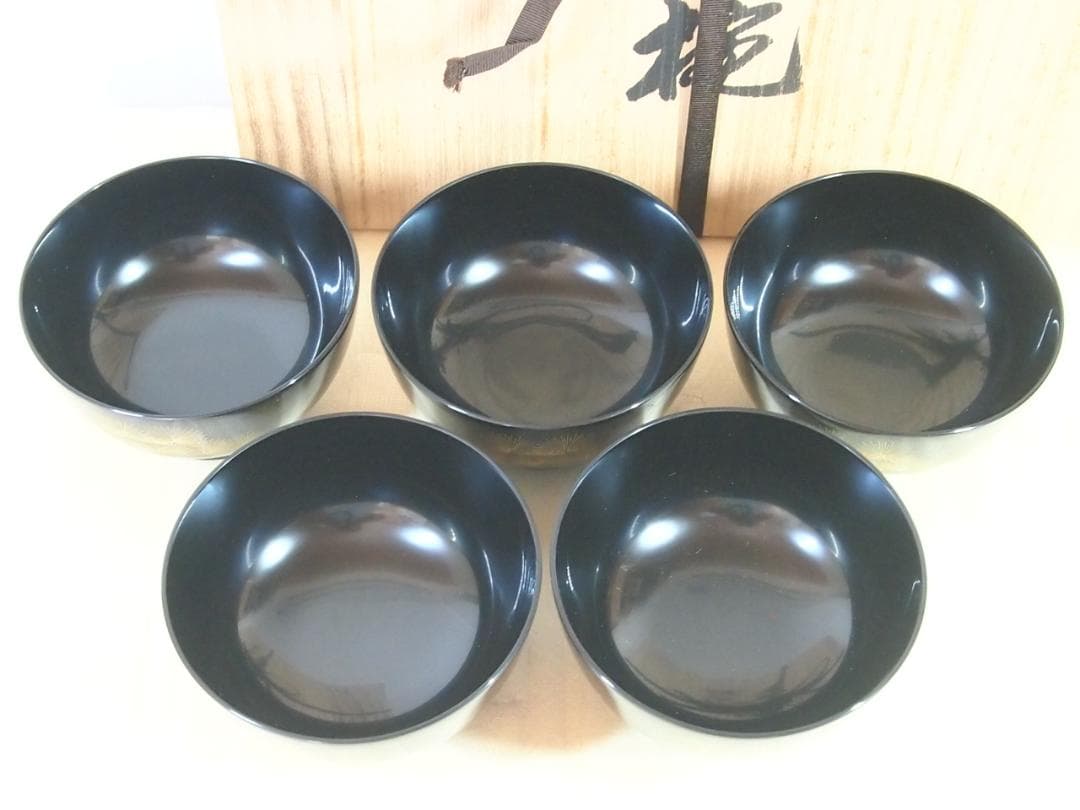 【美品】輪島塗 うるし工芸なかたに 寿松沈金 煮物椀 5客 雑煮椀/大椀 漆器