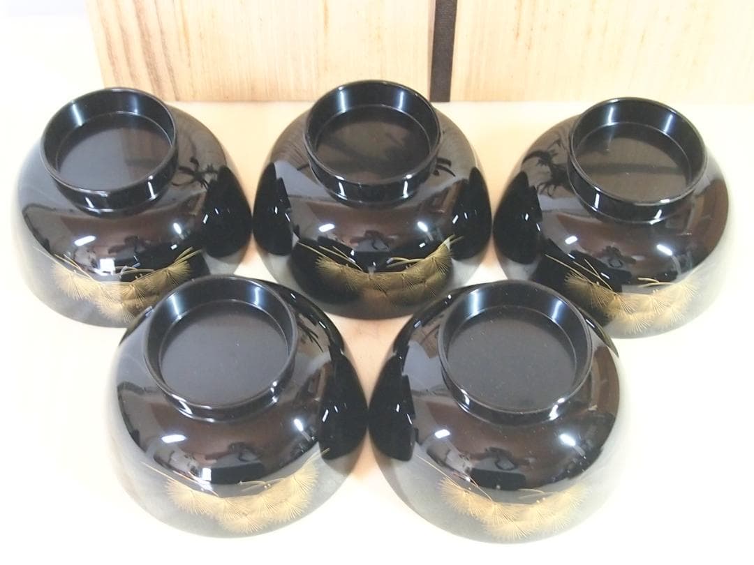 【美品】輪島塗 うるし工芸なかたに 寿松沈金 煮物椀 5客 雑煮椀/大椀 漆器