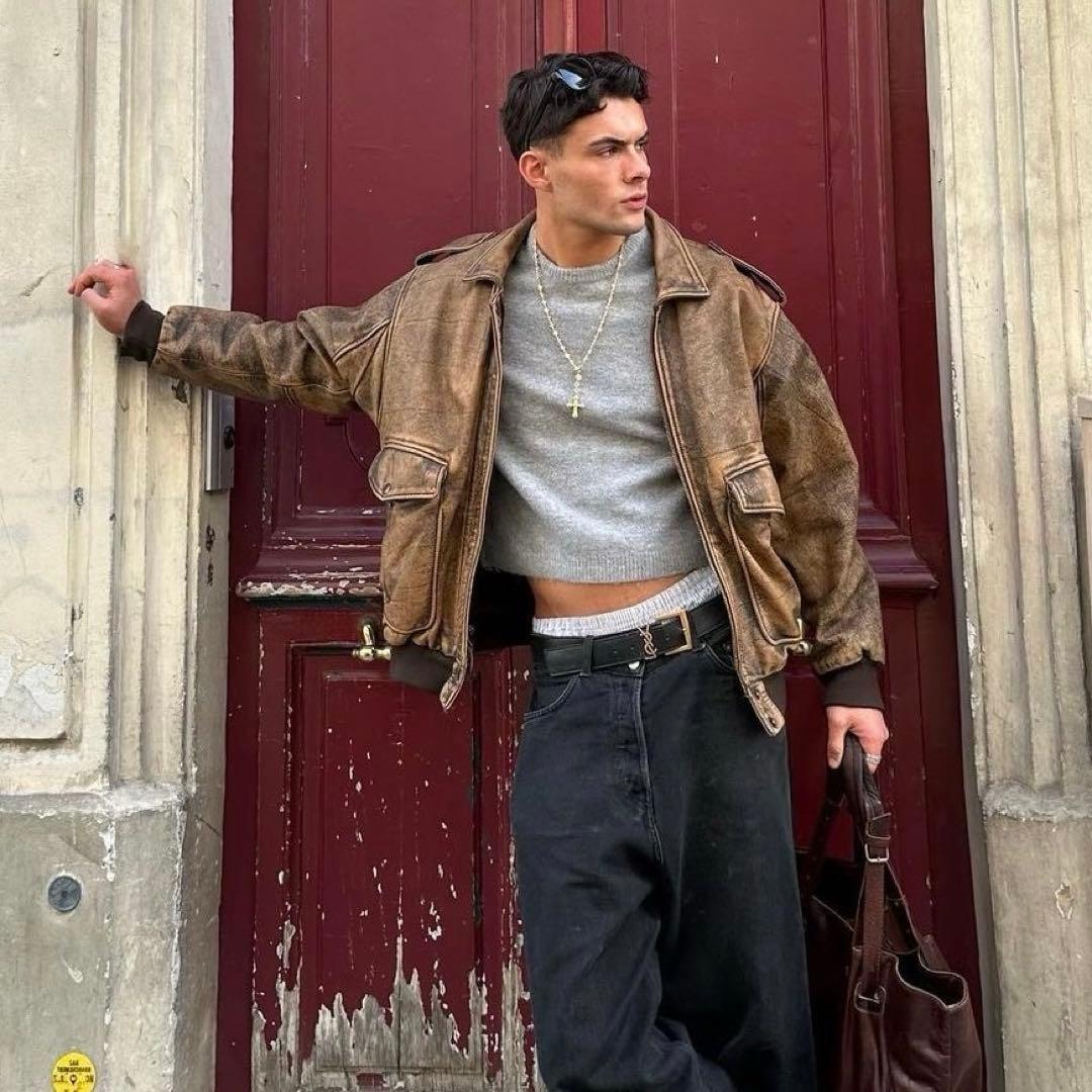 雰囲気抜群 90s 短丈 レザージャケット vintage ブラウン 古着 A2