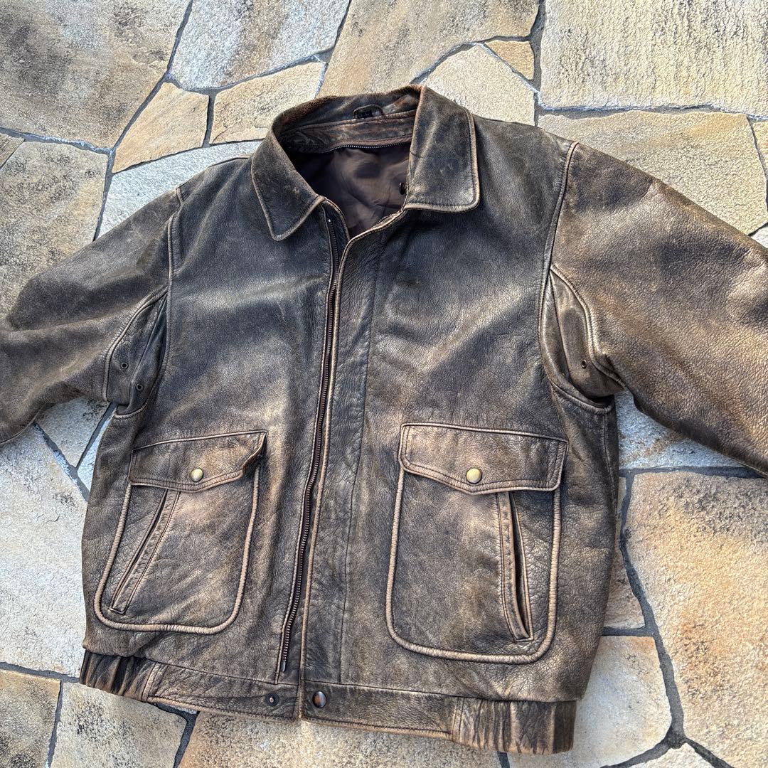 雰囲気抜群 90s 短丈 レザージャケット vintage ブラウン 古着 A2