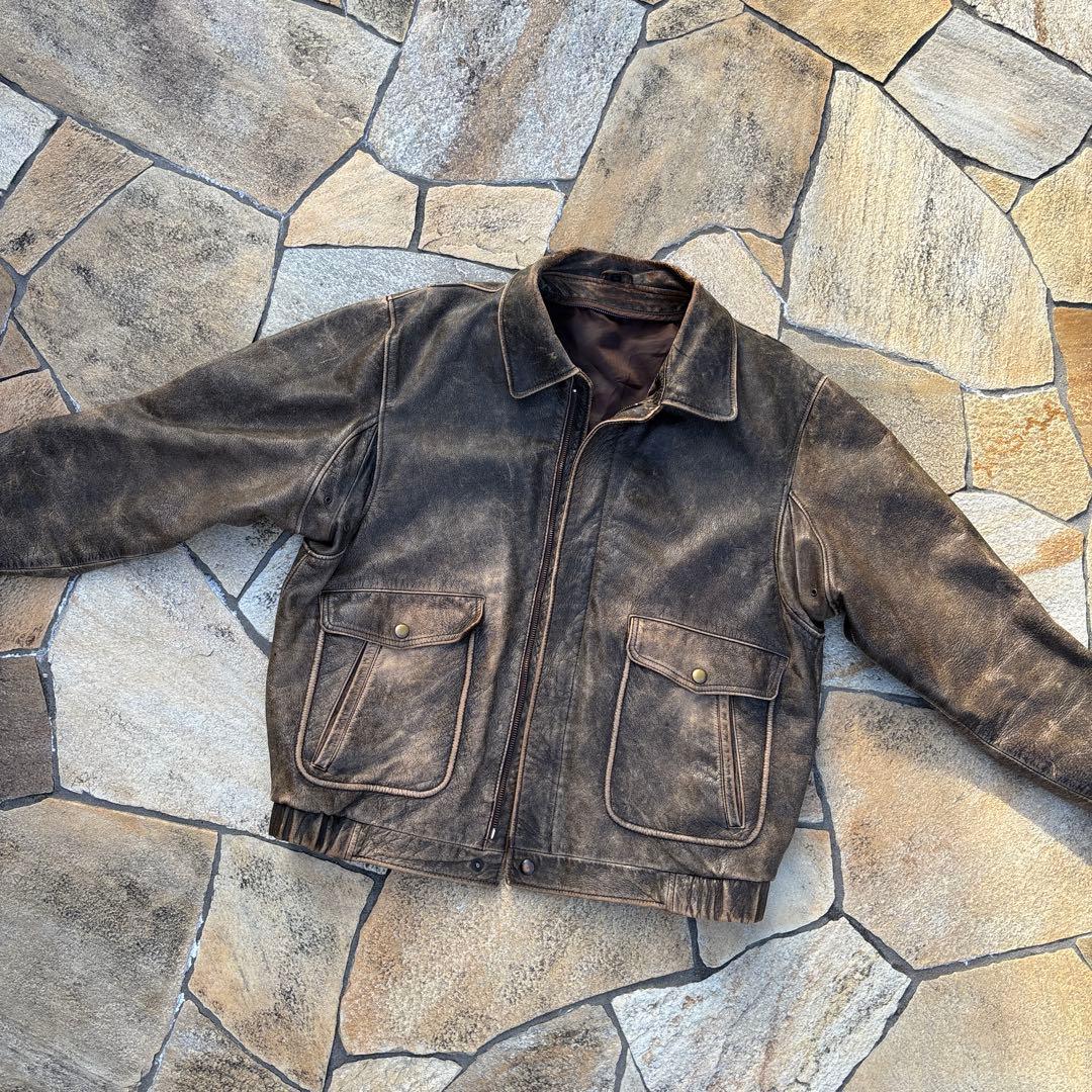 雰囲気抜群 90s 短丈 レザージャケット vintage ブラウン 古着 A2