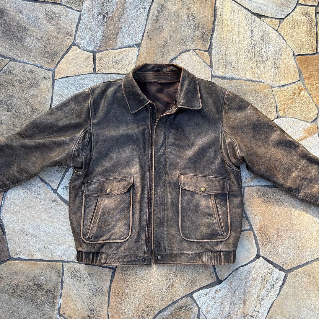 雰囲気抜群 90s 短丈 レザージャケット vintage ブラウン 古着 A2