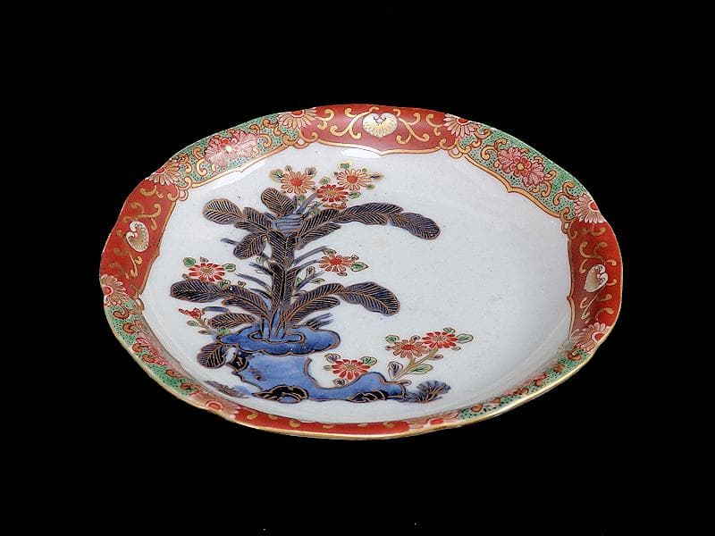 古伊万里　色絵　芭蕉葉に花の図　５寸皿　２枚　A674AS-CFw