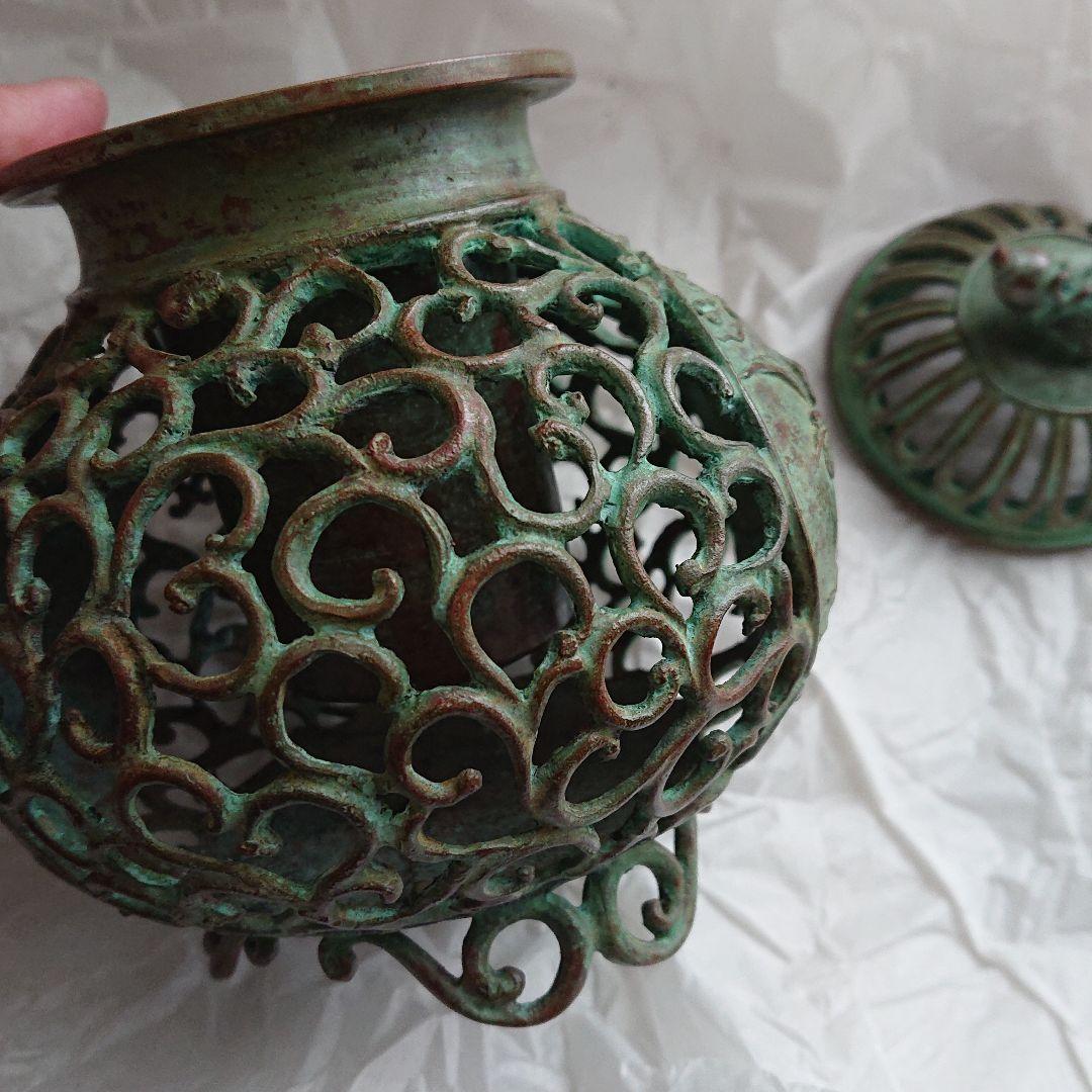 蝋型鋳銅 唐草透し 香炉 渡辺景秋 氏作 共箱入