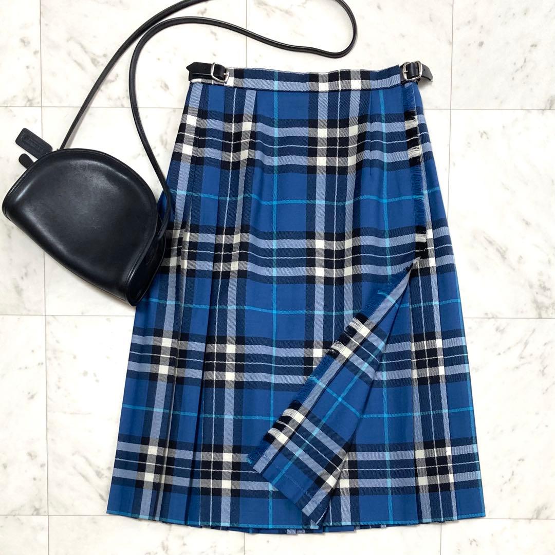 極美品 オニールオブダブリン プリーツ キルトスカート チェック L ブルー