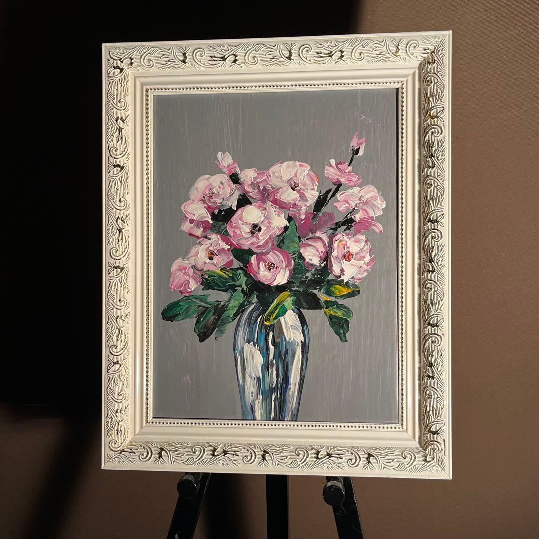 手書き油絵 花瓶の花 額付き 肉筆絵画 インテリア 油彩画
