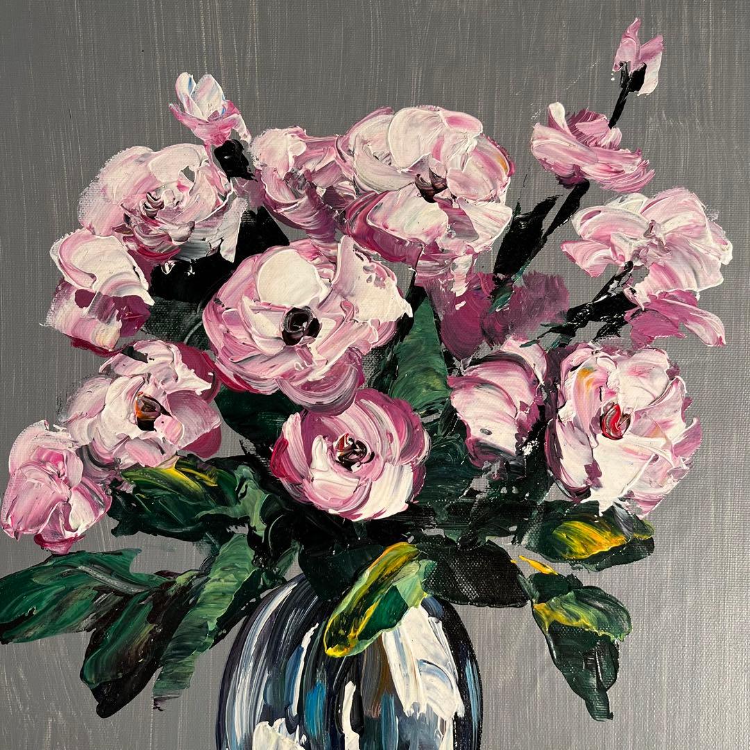 手書き油絵 花瓶の花 額付き 肉筆絵画 インテリア 油彩画