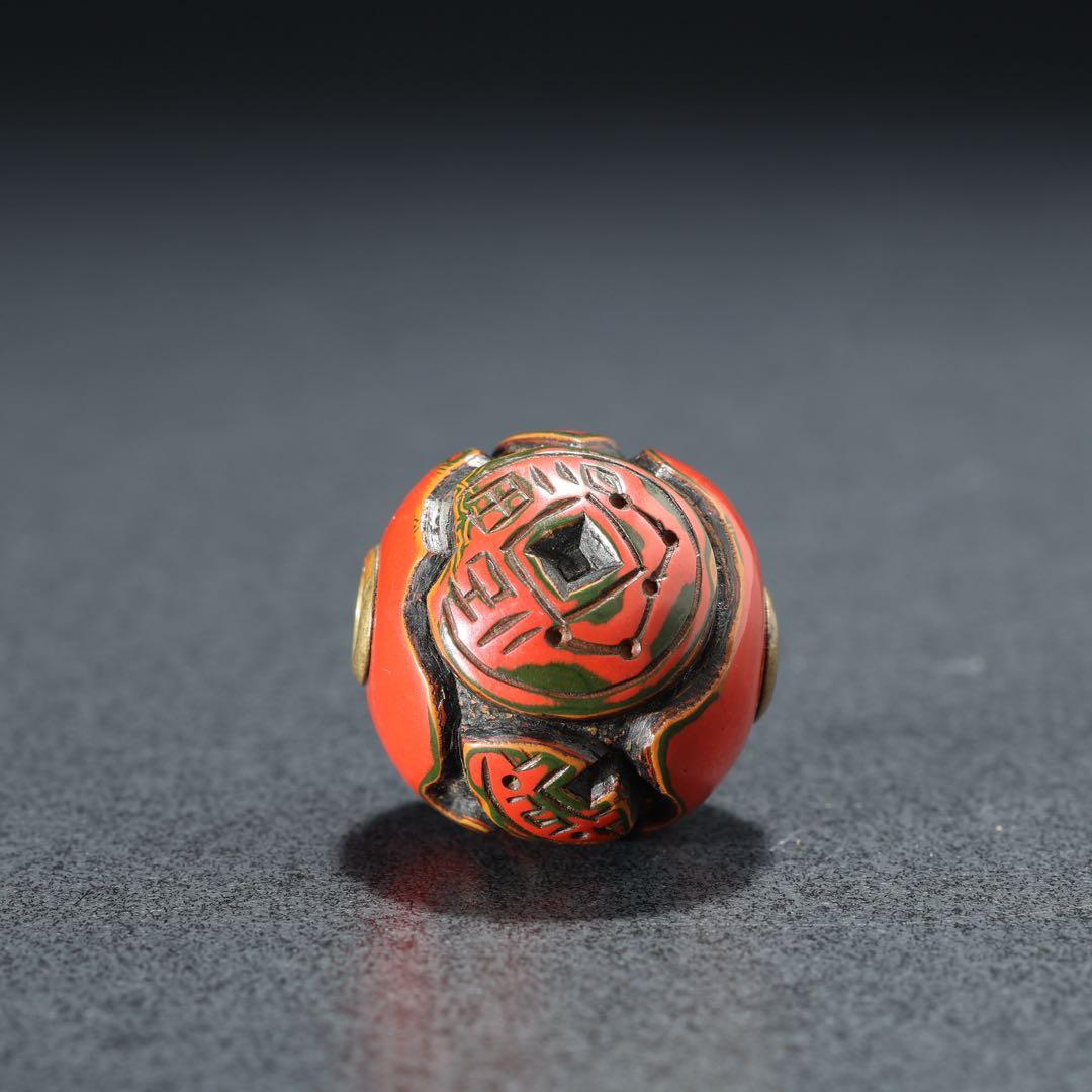 緒締め玉　堆朱　古銭文様　骨董　胴乱　印籠　R1439