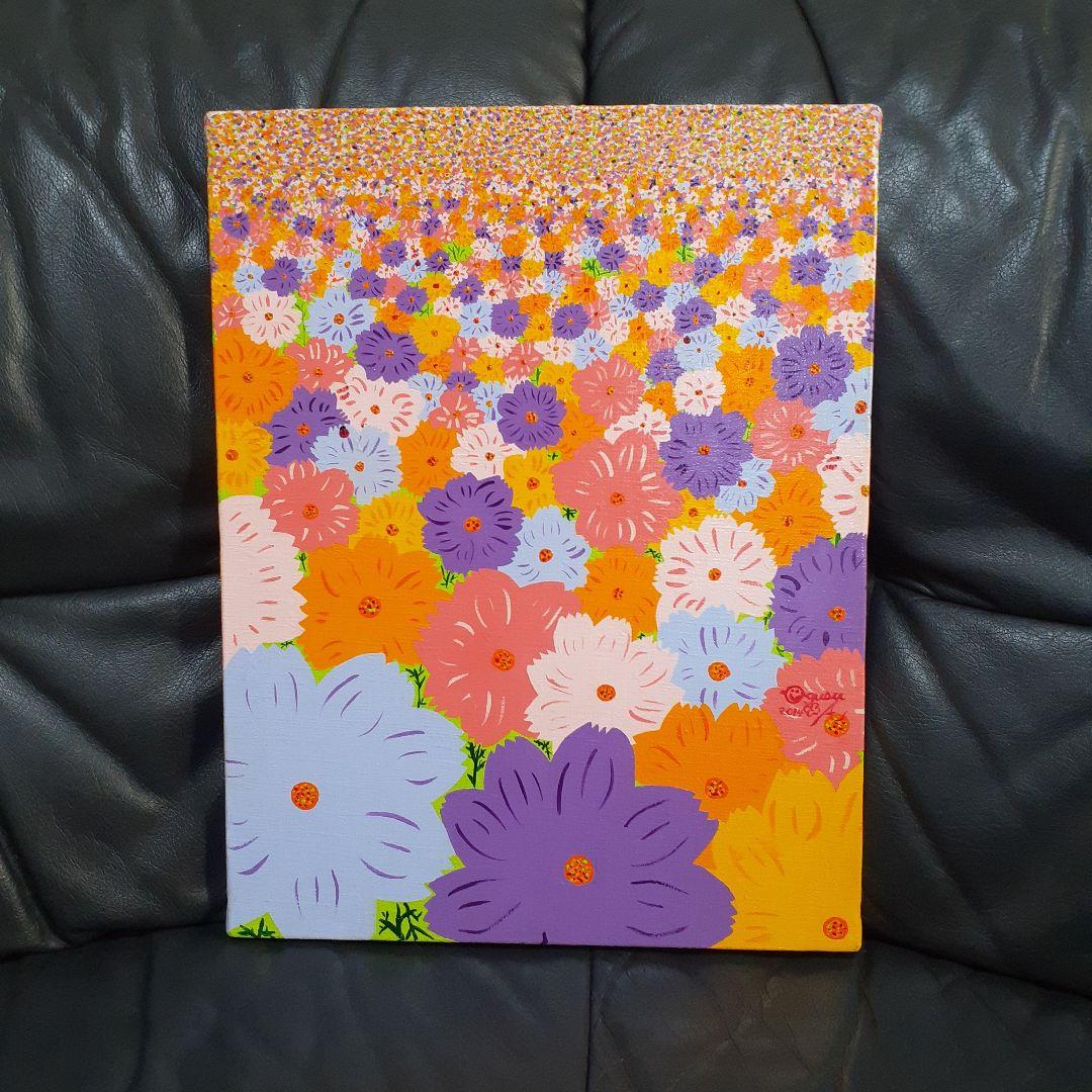 コスモス　ハッピーコスモス畑　画家小楠アキコ作品　F6号　アクリル絵具　額付き