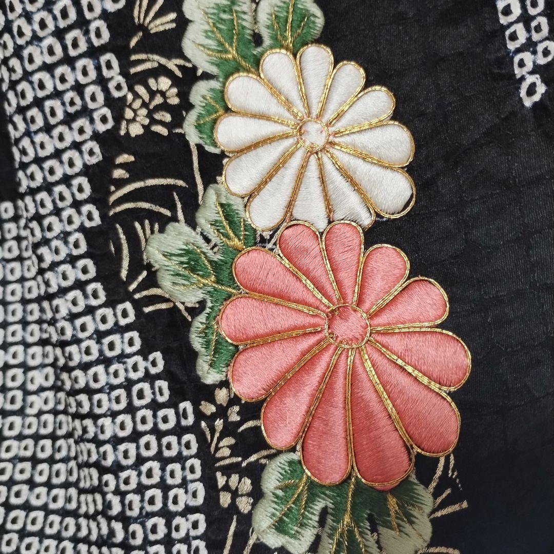 成人式　正絹振袖フルセット　総絞り黒　刺繍　豪華　華やか　草履バックセット