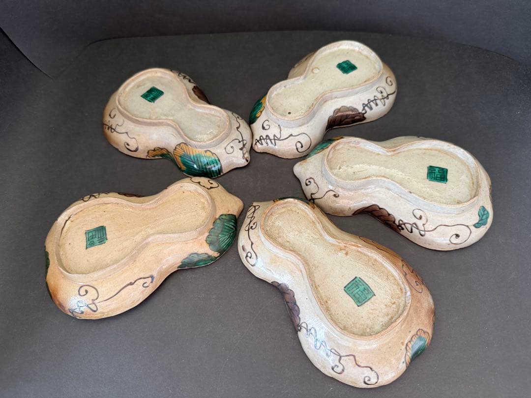 九谷焼　古九谷　角福銘　瓢箪型　皿　5枚　送料込み