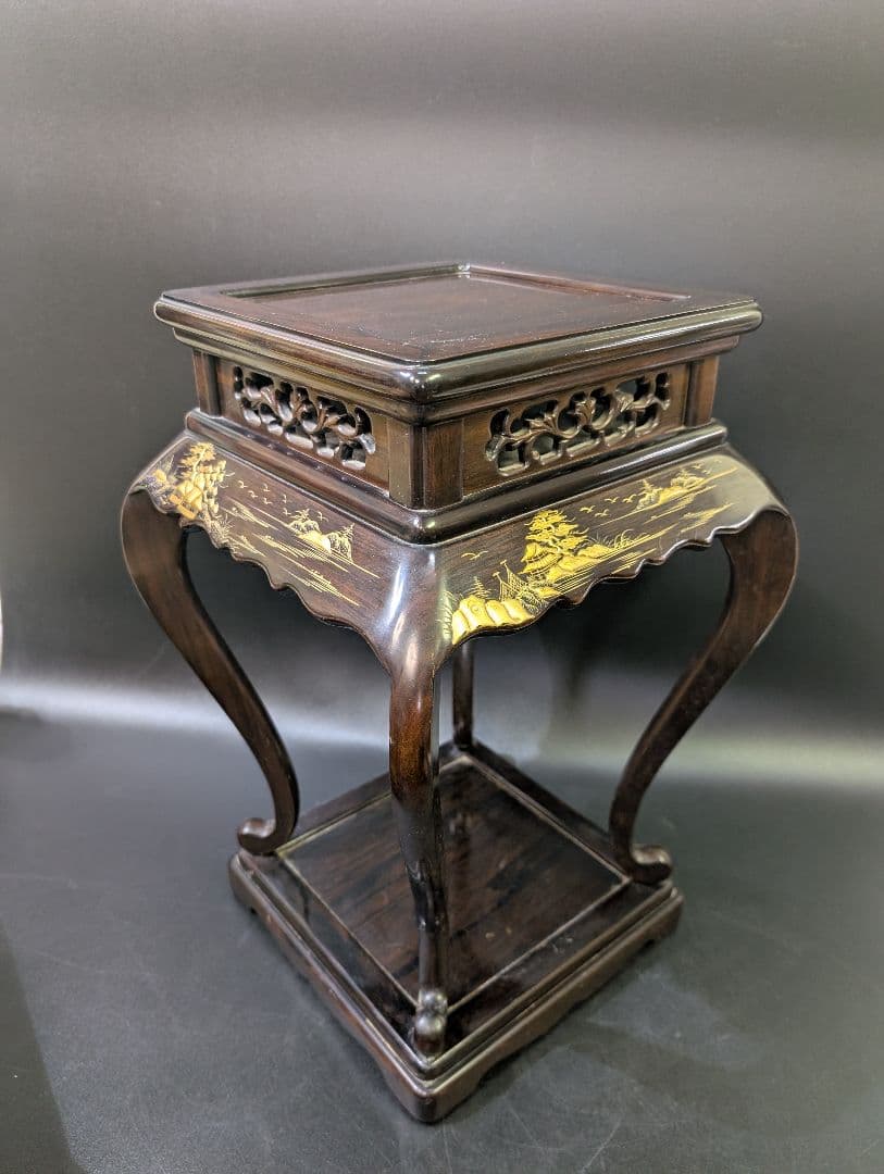 大名道具 唐木 猫脚 木製 透かし彫 花台 高卓 無垢材 黒檀　高蒔絵 螺鈿細工