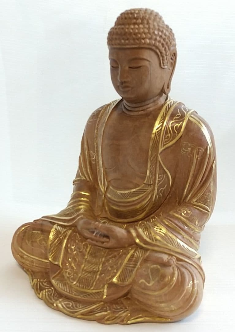 釈迦如来坐像 3寸 #323 像のみ 金彩有 お釈迦さま ◆白檀 木彫 仏像